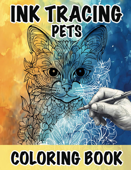 Ink Tracing Pets Coloring Book: 40 Drawings Pen and Ink Art, Reverse Coloring Book, Follow the White Lines, Cat, Dog, Parrot, Turtle, Cameleon, Tarantula, Chinchilla Majosta