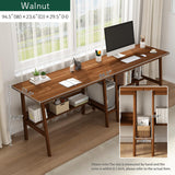 NELYE 2-Person Writing Desk with Bookshelf - 94" Wooden Extra Long Home Office Work Table, Double Study Computer Workstation with Storage Shelves in Walnut, 94" W x 24" D NELYE