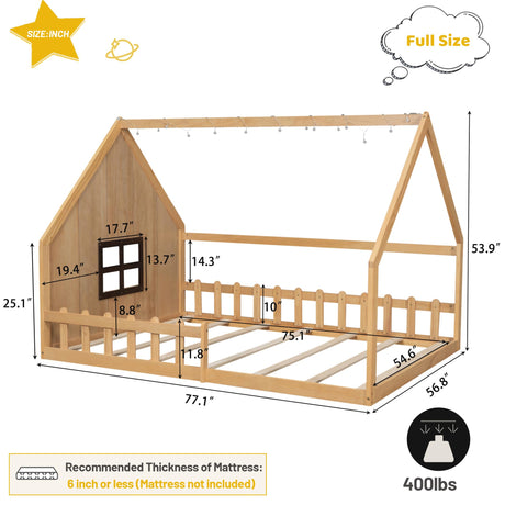 Full Size Floor Bed for Kids: Wood Montessori Bed with Fence & LED Light Full House Bed with Rails | Window Design for Girls Boys - Natural Mirightone
