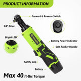 YOUGFIN Cordless Electric Ratchet Wrench 3/8", Power Socket Wrench 40 Ft-lbs, Brushless Torque Ratchet with 2 Batteries (2.0Ah) & Charger, Compact Electric Right Angle Ratchet for Car Narrow Space 12v Yougfin