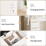 Pamapic 11 Drawers Vanity Desk with Golden Handles, Upgraded Silent Slides Vanity Mirror with Lights, 3 Lighting Modes Glass Top Makeup Vanity with Chair and Portable Mirror, Charging Station Pamapic