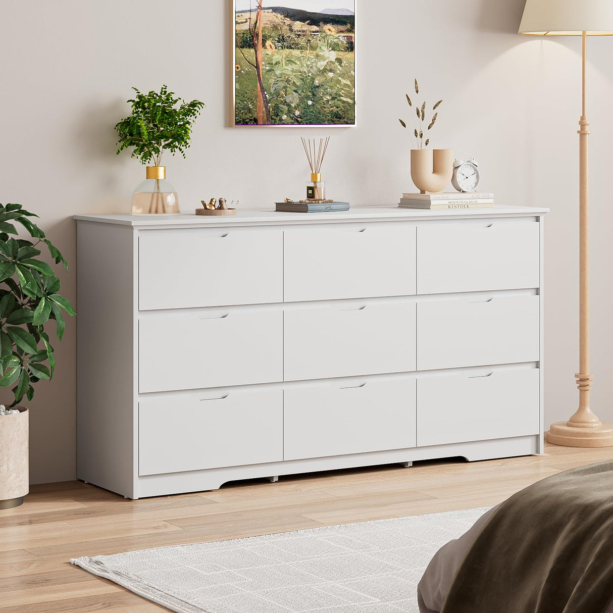 CARPETNAL 9 Drawer White Dresser for Bedroom with Deep Drawers, Large Dressers & Chest of Drawers Handle Free, Modern Long Dressers for Closet Bedroom, Living Room (59.25" W x 15.9" D x 31.9" H) CARPETNAL
