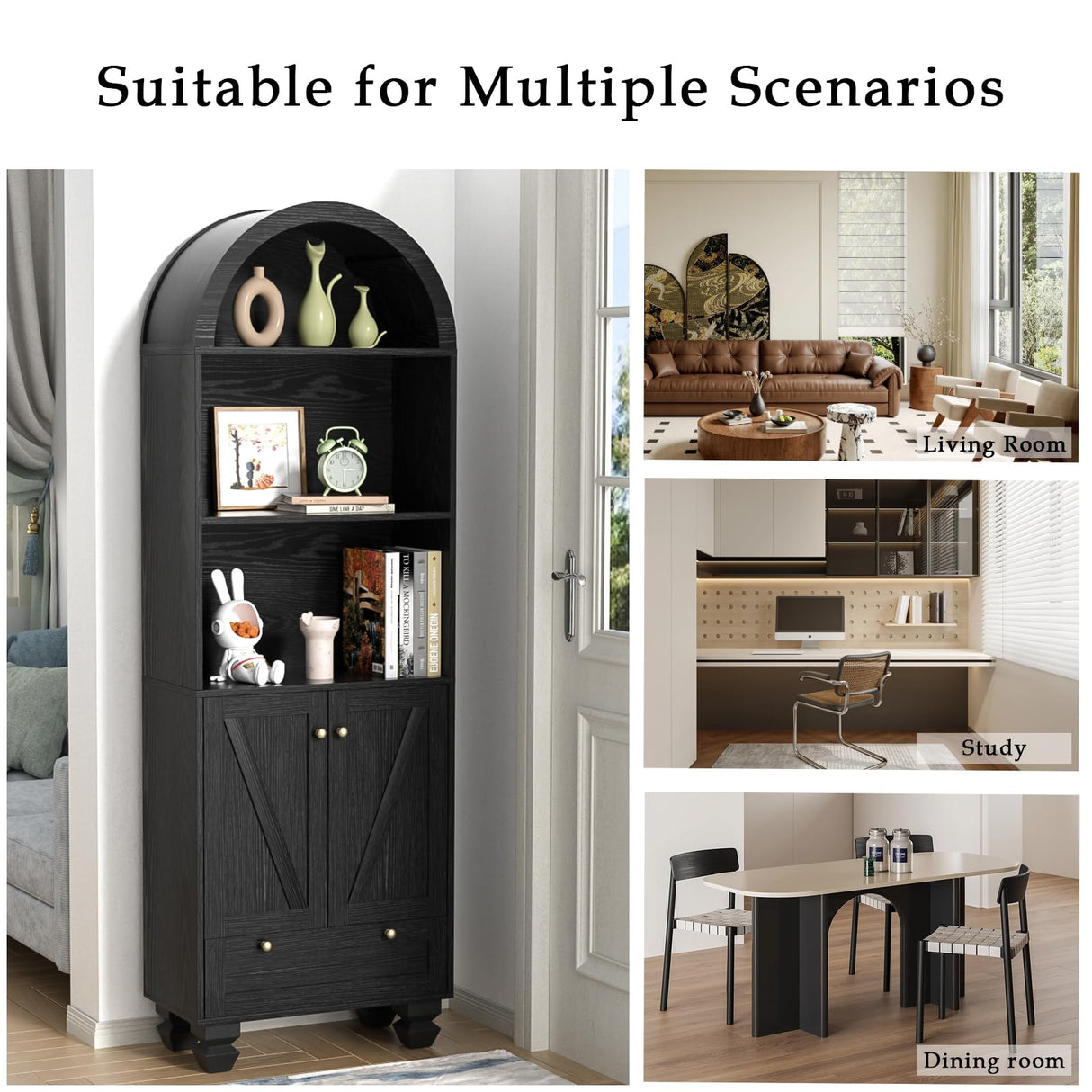 Giluta 71" Tall Arched Bookshelf Two Doors 5-Tier Storage Display Cabinet with Open Display Shelf & Drawer, Black Kitchen Pantry Cabinet for Living Room, Dining Room Giluta