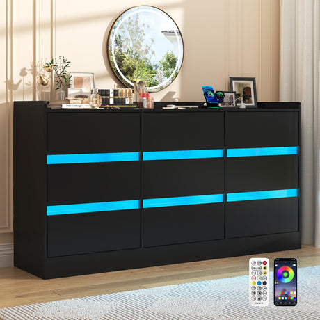 9 Drawer Dresser w/ Charging Station,60000-color LED Lights,Modern Chest of Drawers w/ Power Outlet,Wooden Storage Dresser,Handle Free Minimalist Black Dressers for Bedroom,Living Room, Entryway Hlivelood