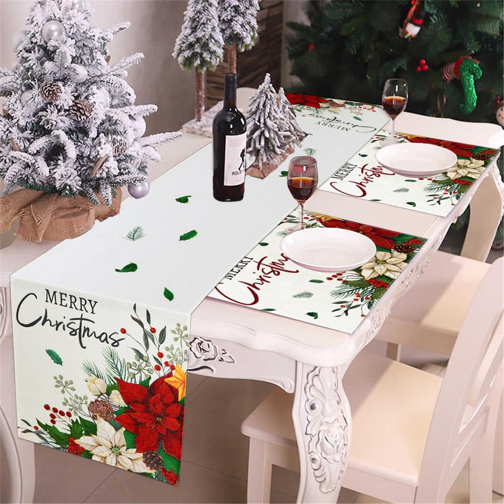 Heirloom Haven 4PCS Merry Christmas Placemats 12x18 inch Red Floral Holly Seasonal Winter Place Mats Rustic Plastic Christmas Table Mats for Kitchen Dining Indoor Home Party Decoration Heirloom Haven