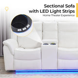 Power Recliner Sectional Sofa Couches with LED Lights for Living Room, Faux Leather Wall Hugger Reclining Corner Couch Sets with 2 Home Theater Seat, USB Charger, Cup Holder, Storage Console, White Comfort Stretch