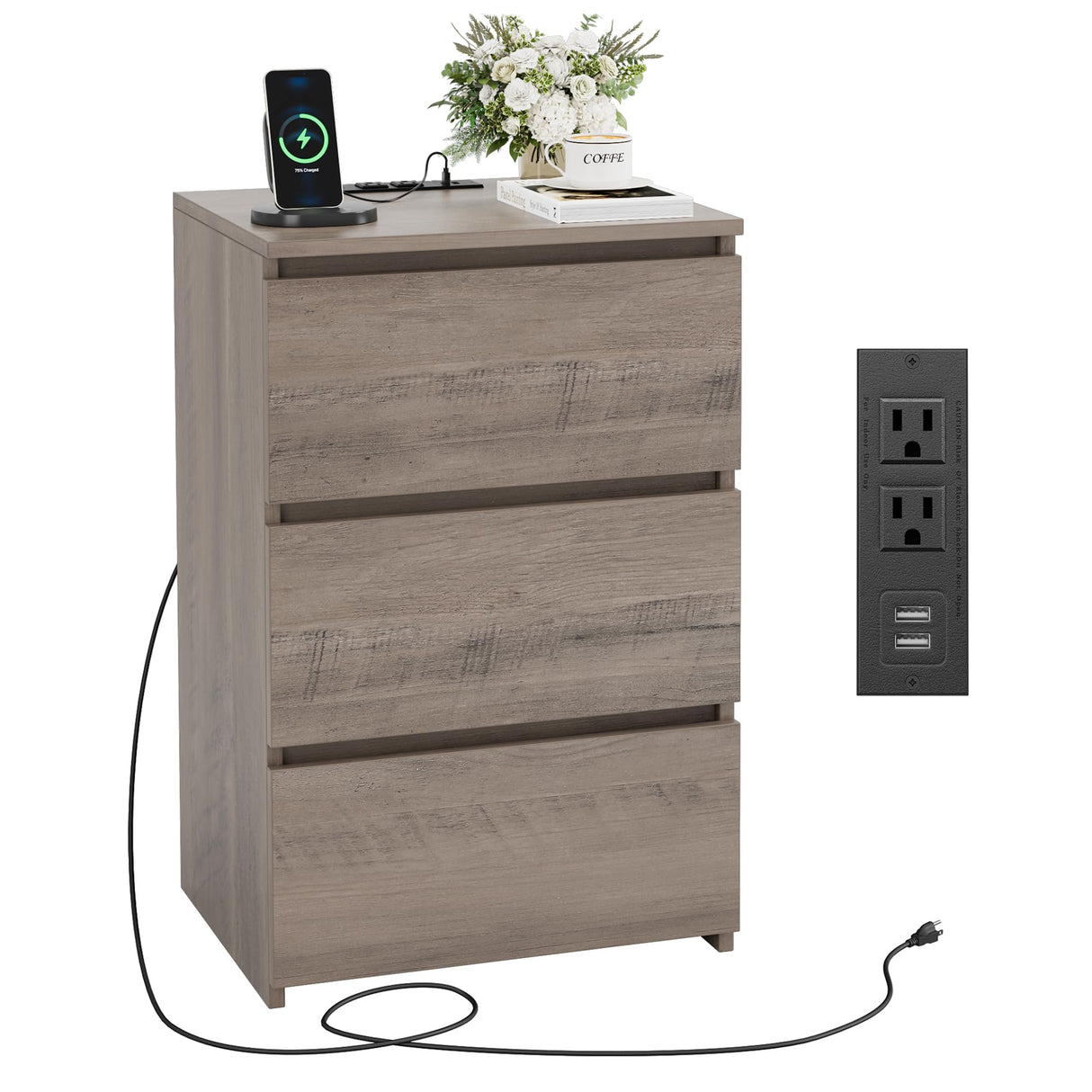 FOTOSOK Nightstand with Charging Station, Vintage Ash Grey Night Stand with USB Ports & Power Outlets, Silent Slides, Wooden End Side Table Bedside Table with 3 Drawers for Bedroom, Ash Grey FOTOSOK