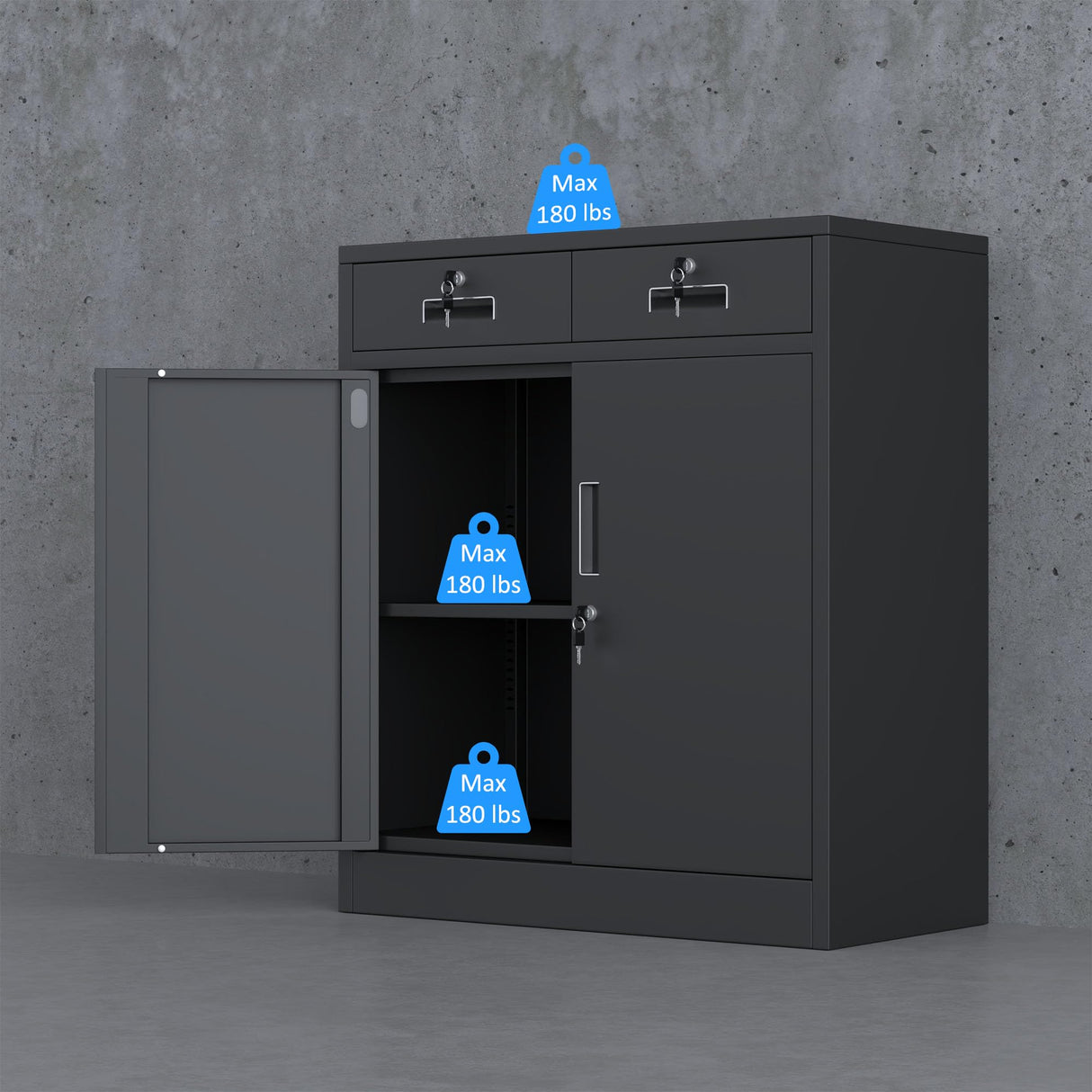 JINGUR Metal Storage Cabinet with Locking Doors and 2 Drawers, Lockable Storage Cabinets with Adjustable Shelf for Home Office and Garage (Black) JINGUR