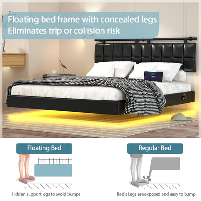 DYHOME Floating Queen Bed Frame with USB Charging Station & LED Lights - WoodArtSupply