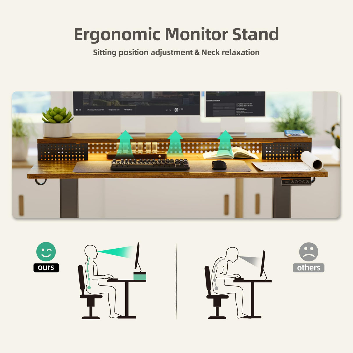 Claiks Electric Standing Desk with Shelf, 48 Inch Height Adjustable Standing Desk with LED Lights & Monitor Stand, Black Frame/Rustic Brown Top Claiks