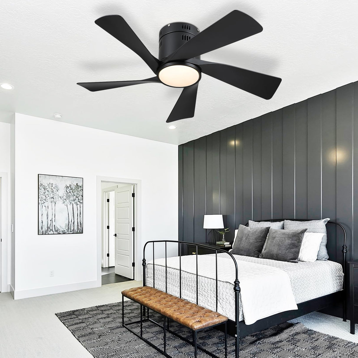 CHESUR Black Ceiling Fans with Lights - 36" Flush Mount Low Profile Ceiling Fan with Remote/App, Dimmable and 3CCT, Reversible, Modern Ceiling Fan Light for Indoor Bedroom, Kids Room CHESUR