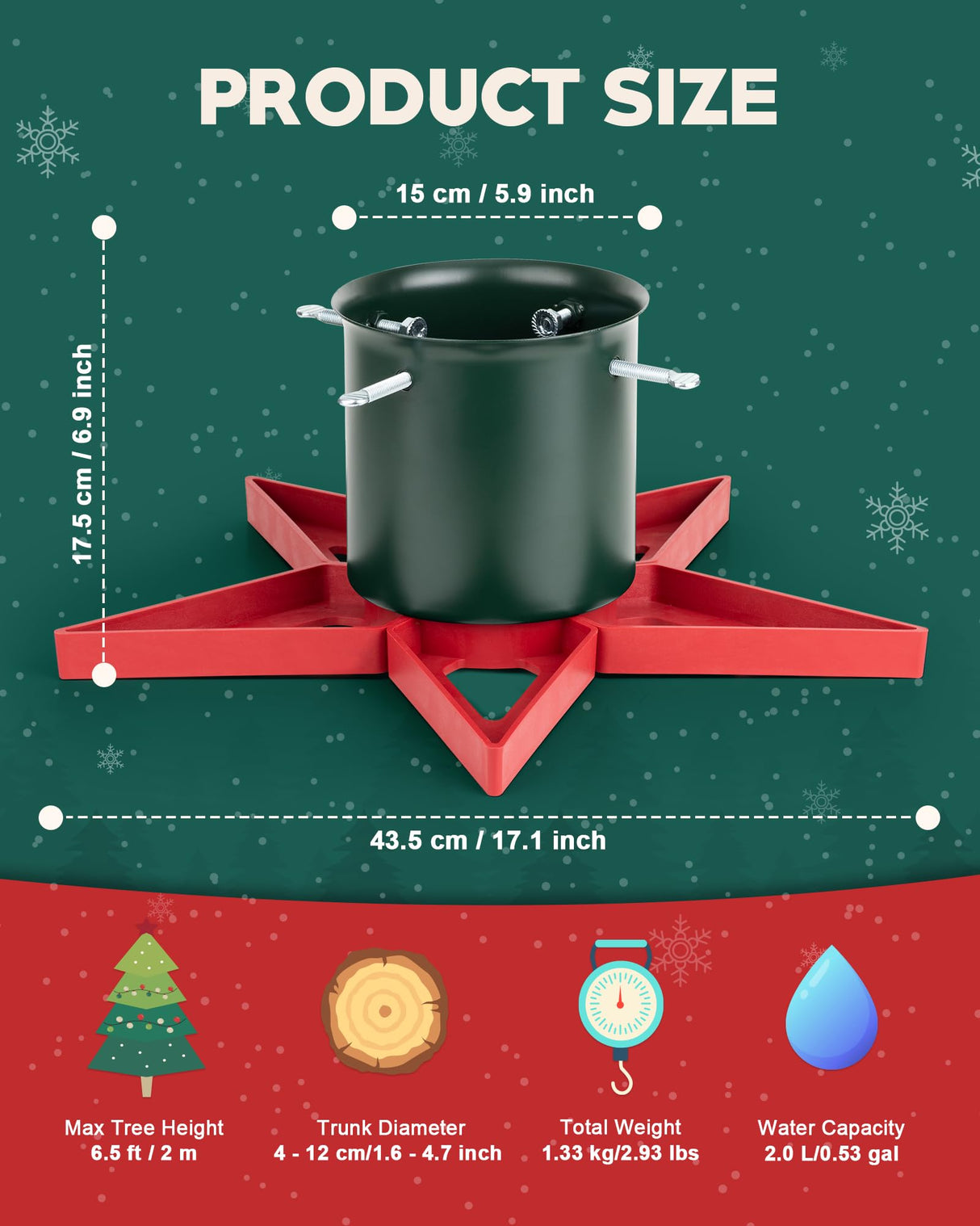 GuuG Real Christmas Tree Stand Base - Live Trees Small Christmas Tree Holder up to 6.5ft Trees for Real Xmas Trees 0.53 Gal Star+ Green&Red GuuG