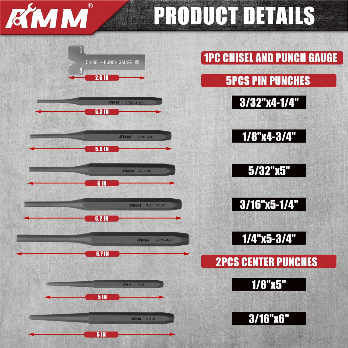 AMM 16PCS Punch and Chisel Set, including Taper Punch, Cold Chisels, Pin Punch and Center Punch, Cr-V for Working with Wood, Metal, Automotive AMM