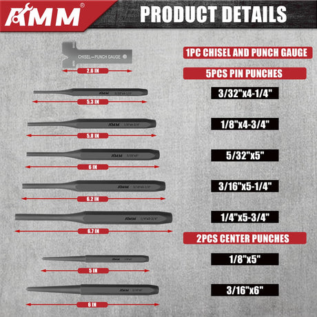 AMM 16PCS Punch and Chisel Set, including Taper Punch, Cold Chisels, Pin Punch and Center Punch, Cr-V for Working with Wood, Metal, Automotive AMM