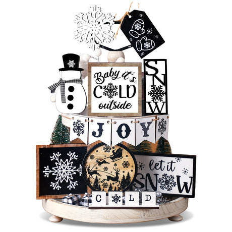 14 Pcs Winter Tiered Tray Decor Set Snowman Snowflake Table Decor Christmas Tree Wooden sign Farmhouse Coffee Spice Blocks Winter Table decoration for Christmas Home Table Shelf FairySandy