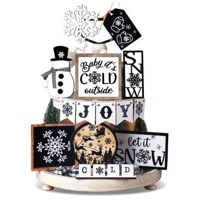 14 Pcs Winter Tiered Tray Decor Set Snowman Snowflake Table Decor Christmas Tree Wooden sign Farmhouse Coffee Spice Blocks Winter Table decoration for Christmas Home Table Shelf