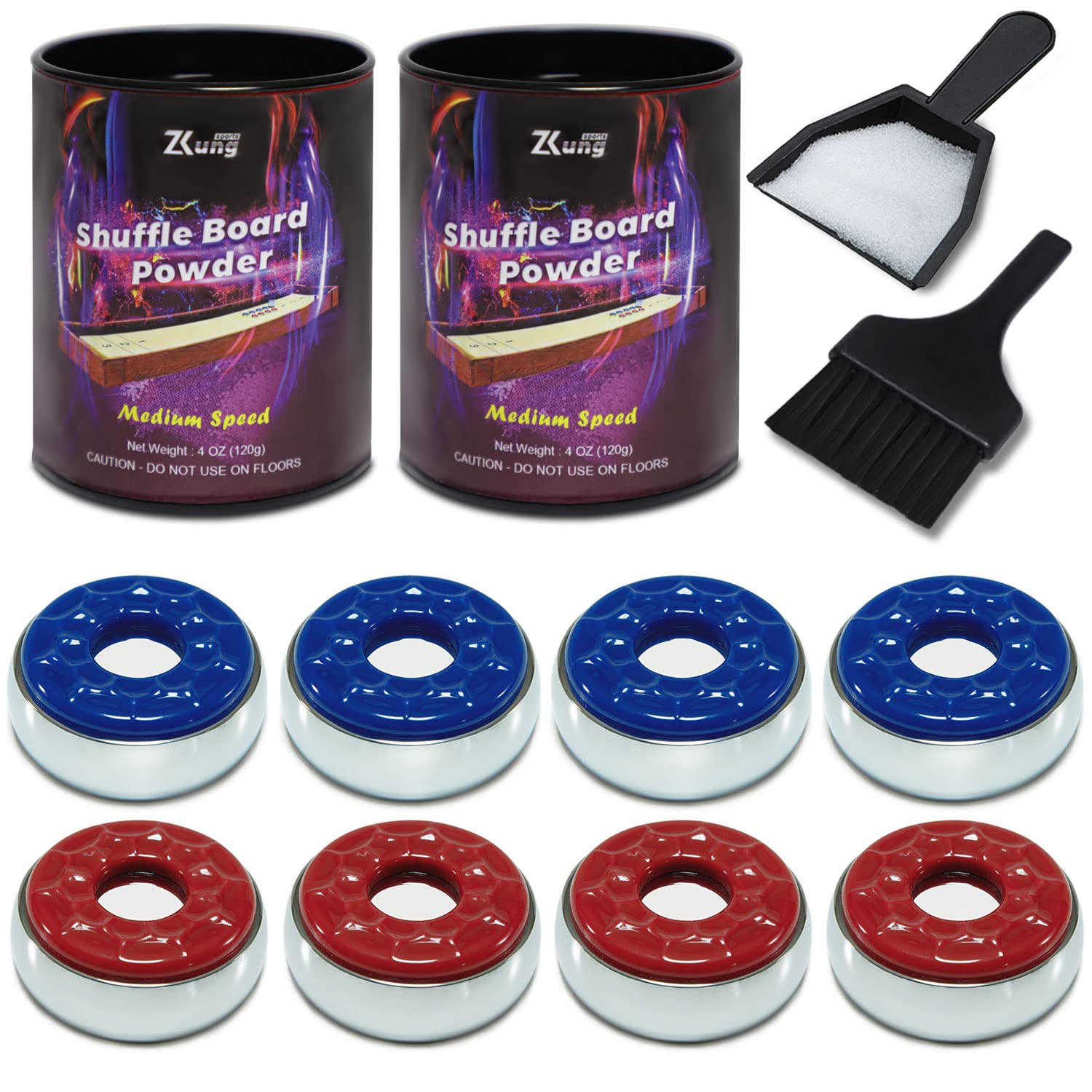 Shuffleboard Pucks with Shuffleboard Sand Set - 2 1/8 Shuffleboard Table Pucks with 2 Cans Shuffleboard Wax Medium Speed and Mini Brush and Dustpan Set - WoodArtSupply