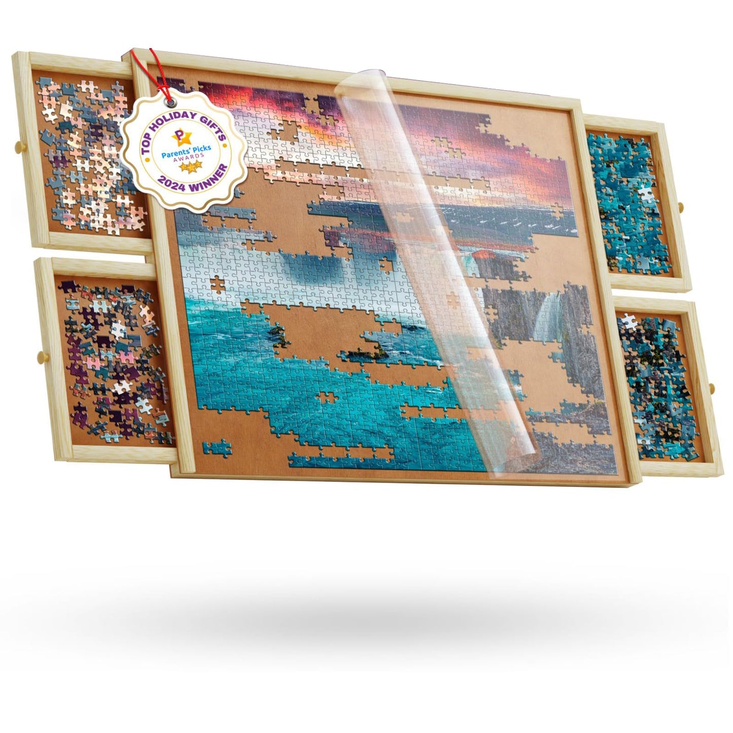 1000 Piece Wooden Jigsaw Puzzle Board - 4 Drawers, Non-Rotating Puzzle Table | 30” X 22” Jigsaw Puzzle Table | Puzzle Cover Included - Portable Puzzle Tables for Adults and Kids by Beyond Innoventions