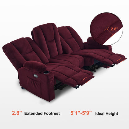 MCombo Power Reclining Sofa with Heat and Vibration,USB Ports, Cup Holders,3-Seat Dual Recliner Sofa for Living Room 6015 (Burgundy)