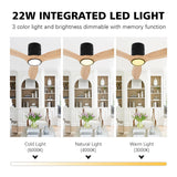 OUATER Wood Flush Mount Ceiling Fan with Light,52 inch Low Profile Modern Ceiling Fans for Outdoor/Patios/Bedroom/Office,3 color light,6 Speed,DC Motor,Wood and Modern Matte Black OUATER