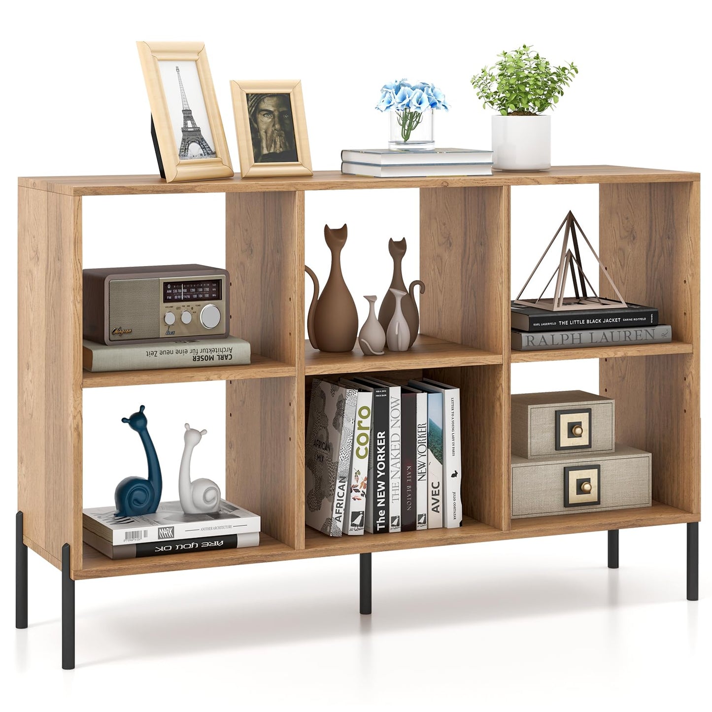 Tangkula 6-Cube Adjustable Bookcase with Metal Legs and Anti-Tip Safety Features in Natural Finish - WoodArtSupply