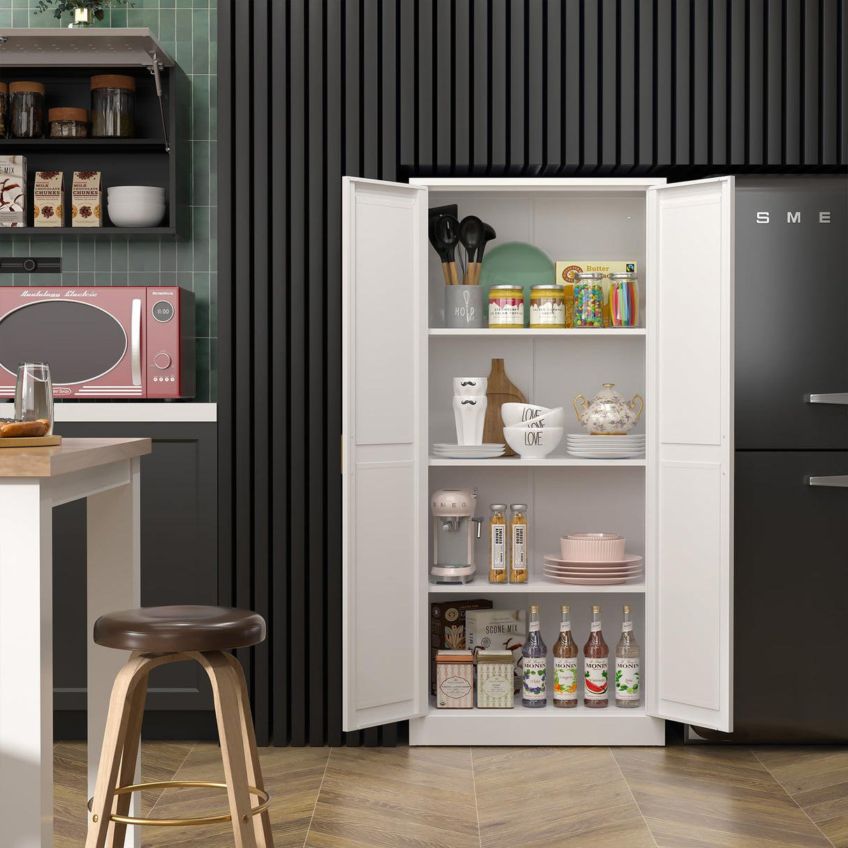 Kitchen Cabinet Storage,60”Metal Pantry Cabinet with Doors and 3 Adjustable Shelves,Food Pantry Cabinets with 2 Gold Handles,White Tall Storage Cabinet for Livingroom,Pantry,Bathroom,Kitchen SteeLoong