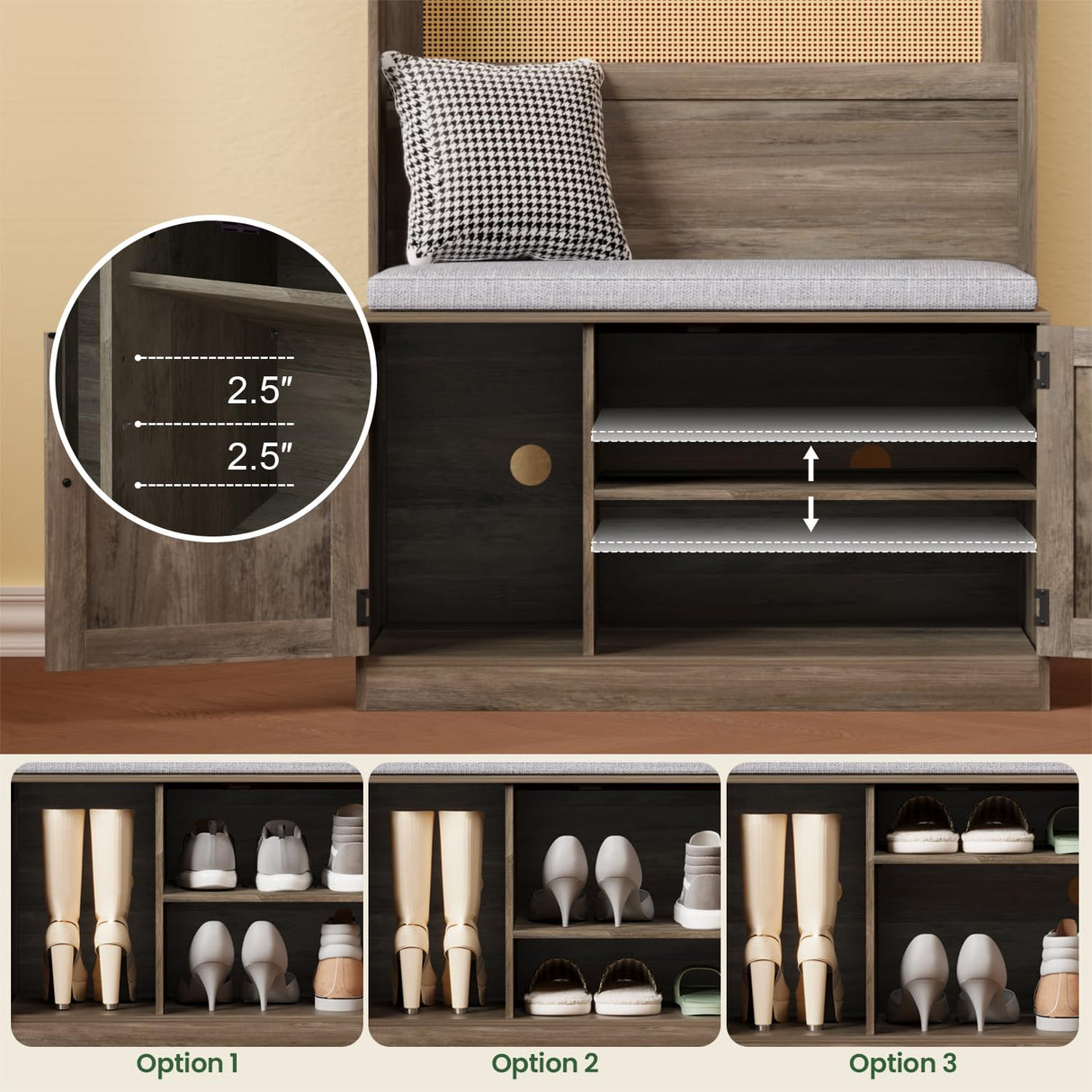 HOVANESTY Hall Tree with Bench and Shoe Storage, 5-in-1 Entryway Bench with Coat Rack, Padded Seat Cushion, 7 Tri-Hooks, Adjustable Shelf, Farmhouse Boho Furniture Organizer for Hallway, Ash Gray HOVANESTY