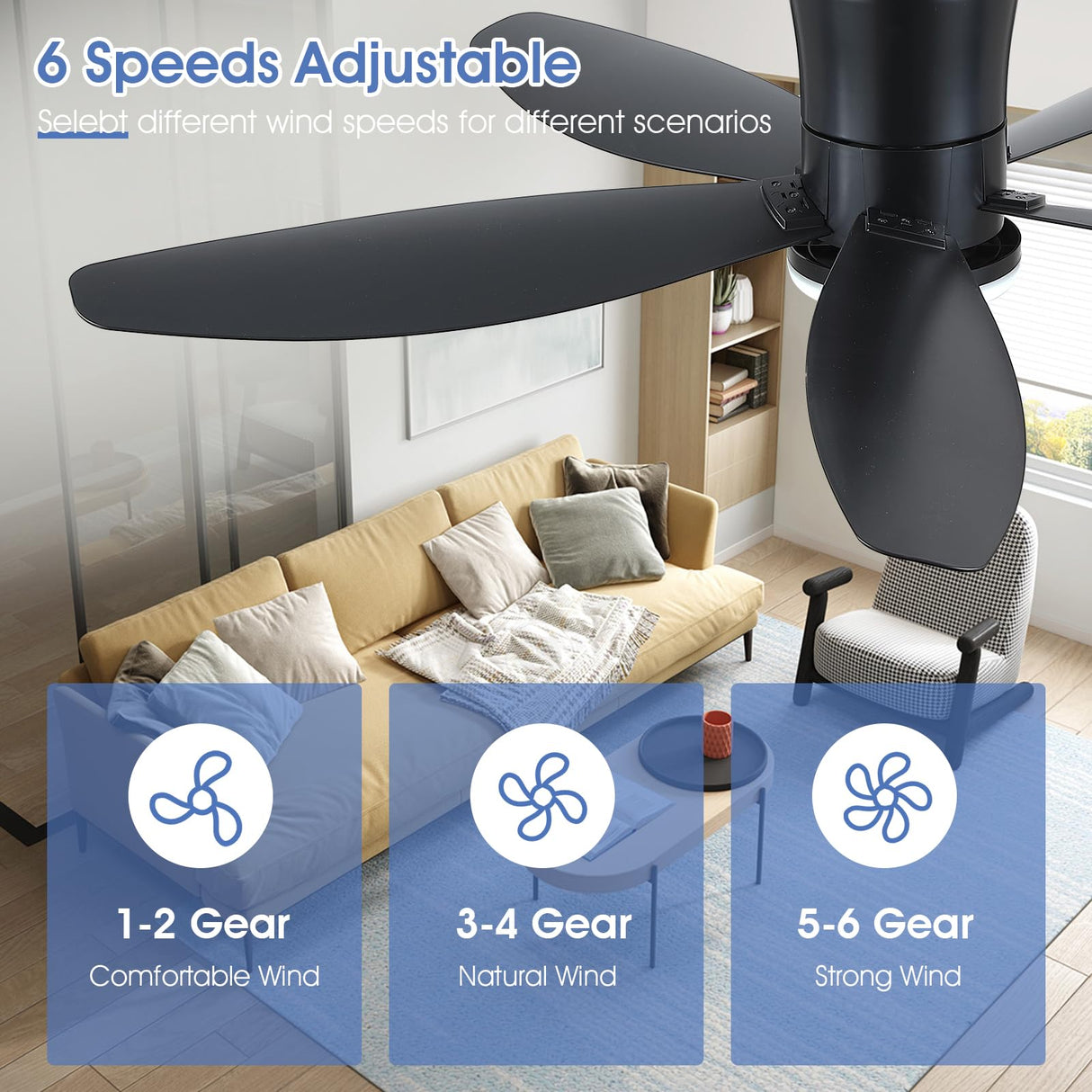 Surtime 48" Ceiling Fans with Lights-Low Profile Ceiling Fan with Light and Remote/APP Control,Flush Mount,DC Reversible,LED Dimmable Blakc Ceiling Fans for Bedroom,Indoor/Outdoor Patio Use Surtime