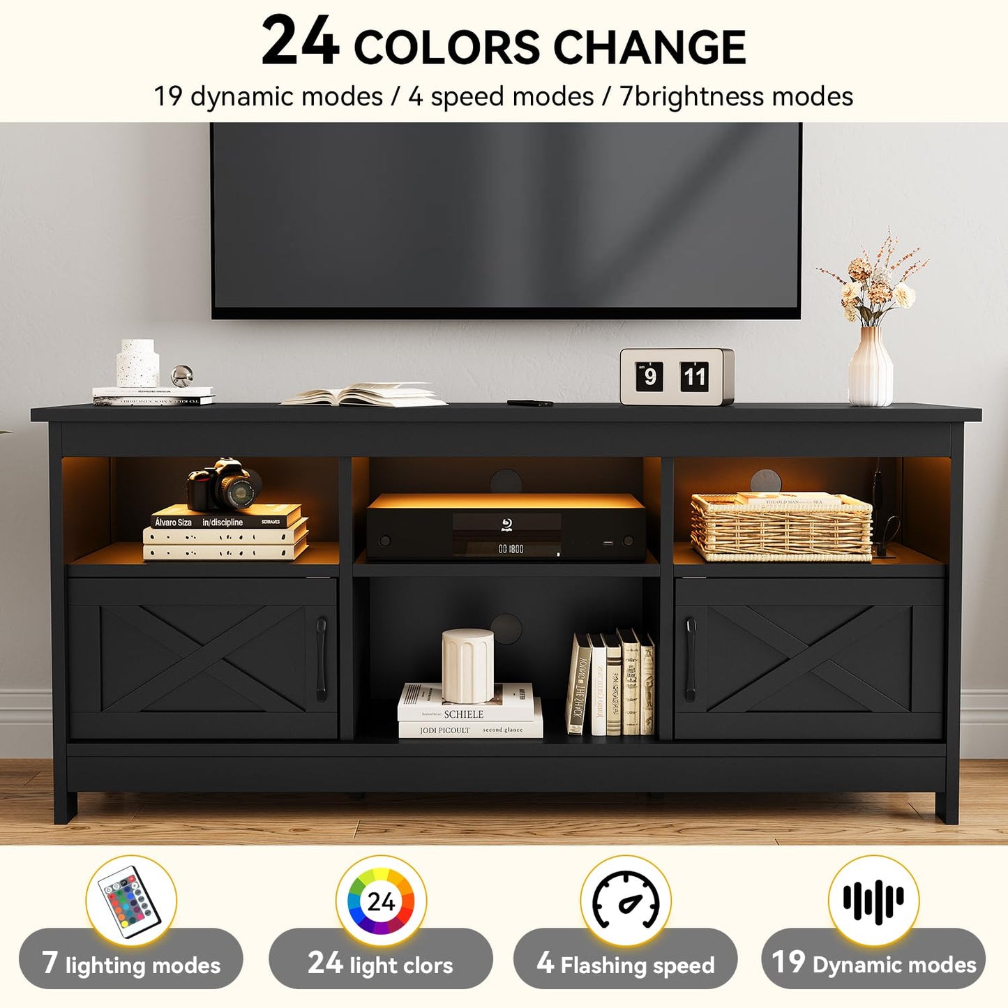 DWVO Farmhouse TV Stand for TVs Up to 65 Inch, Entertainment Centre with LED Light, TV Table with Power Outlet, TV Console for Living Room Bedroom, 59 Inches Black