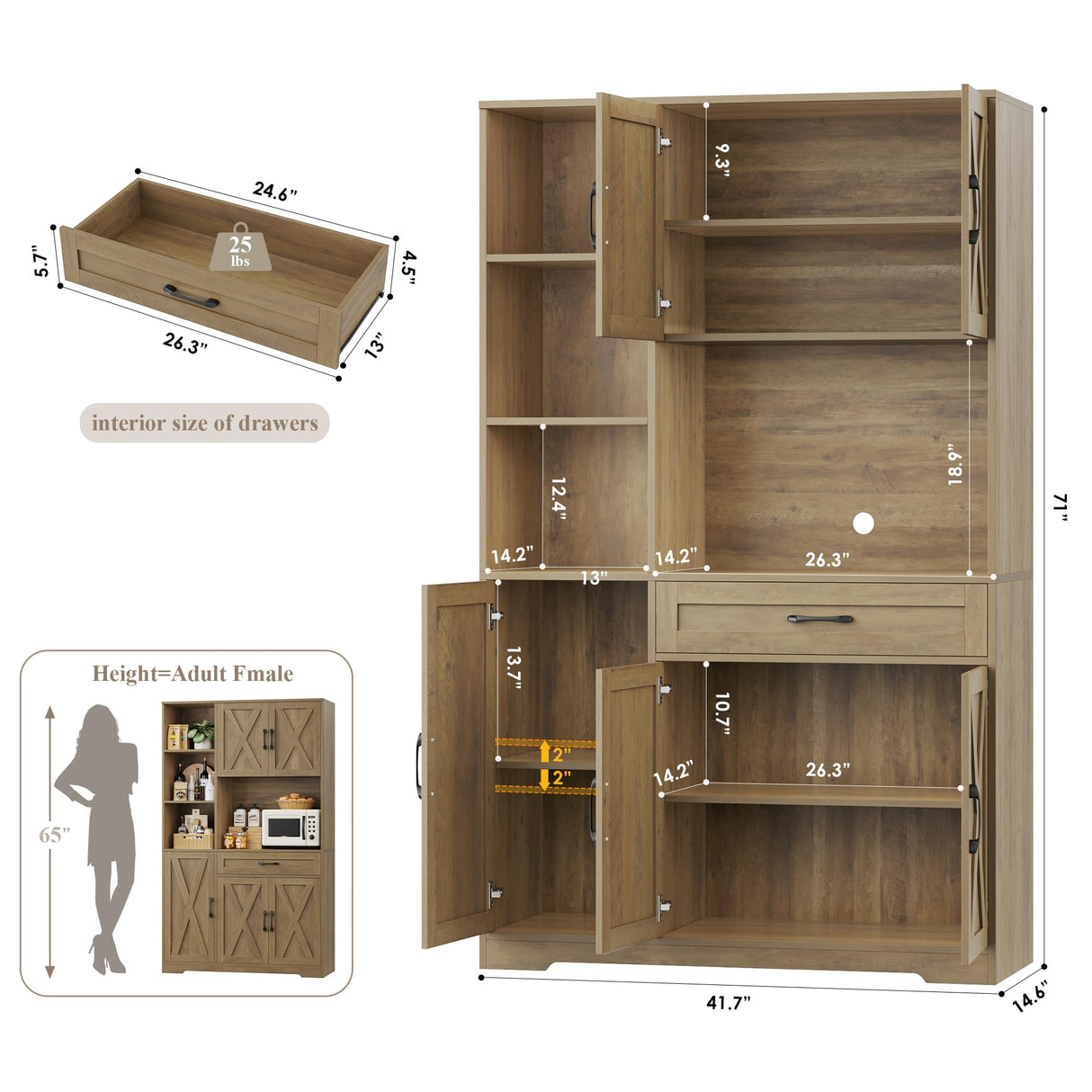 HOSTACK 71" Tall Kitchen Pantry Storage Cabinet, Farmhouse Food Pantry Cabinet with Microwave Stand, Barn Doors Kitchen Hutch Cabinet with Large Drawer and Shelves for Dining Room HOSTACK