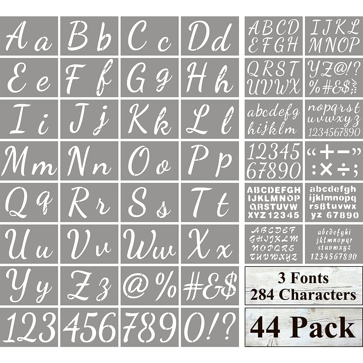 Large Letter Stencils for Painting on Wood - 44 Pack Alphabet Letter Number Stencil Templates with Signs, Reusable Plastic Stencils in 3 Fonts and 284 Designs for Chalkboard Fabric Wood Signs XANGEY