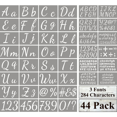 Large Letter Stencils for Painting on Wood - 44 Pack Alphabet Letter Number Stencil Templates with Signs, Reusable Plastic Stencils in 3 Fonts and 284 Designs for Chalkboard Fabric Wood Signs XANGEY