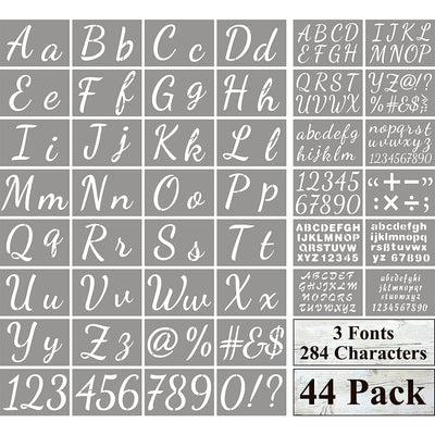 Large Letter Stencils for Painting on Wood - 44 Pack Alphabet Letter Number Stencil Templates with Signs, Reusable Plastic Stencils in 3 Fonts and 284 Designs for Chalkboard Fabric Wood Signs