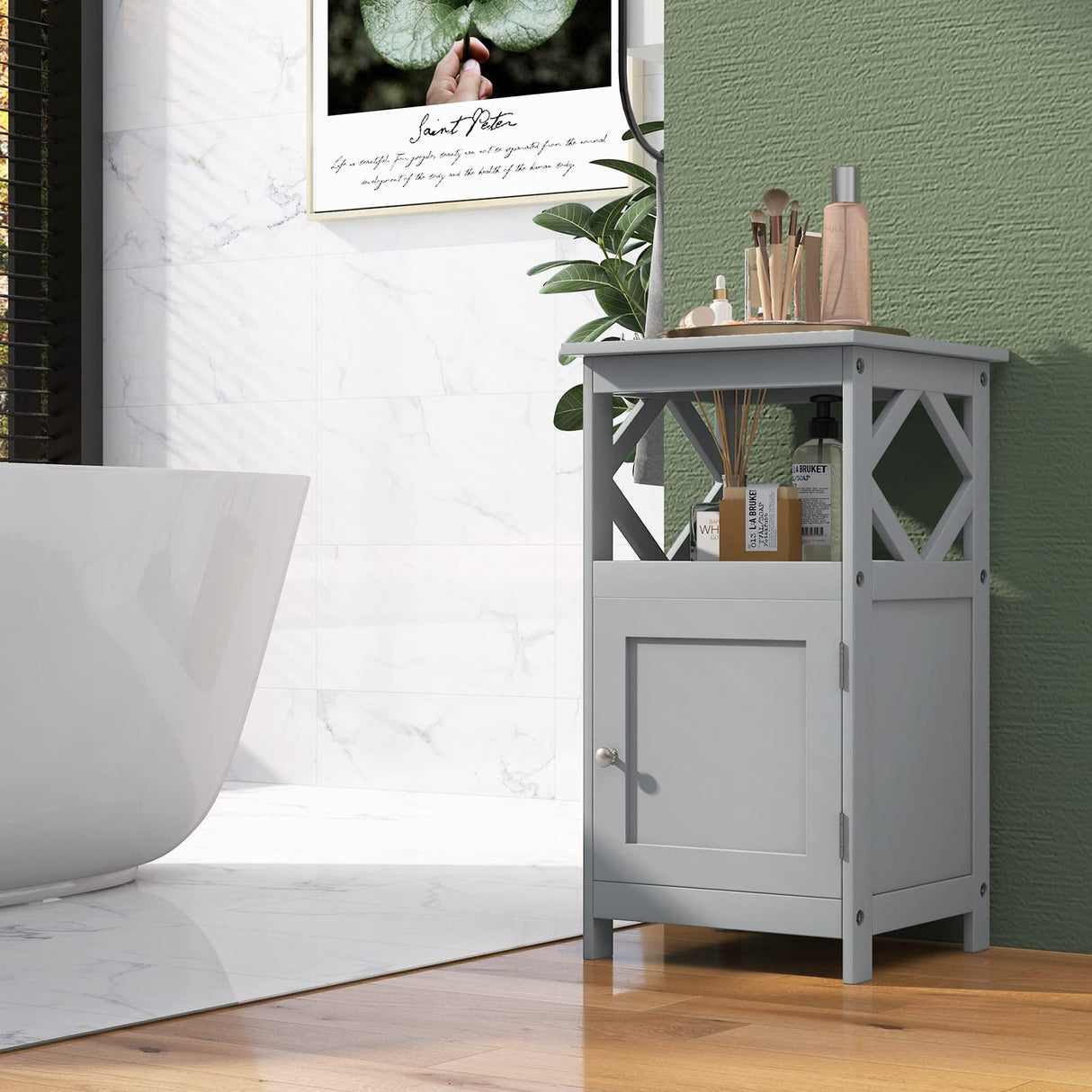 Tangkula Bathroom Floor Cabinet, Single Door Storage Cabinet with Diamond Frame Open Shelf, Anti-Toppling, Freestanding Bathroom Storage Narrow Side Cabinet for Bathroom Living Room (Grey) Tangkula