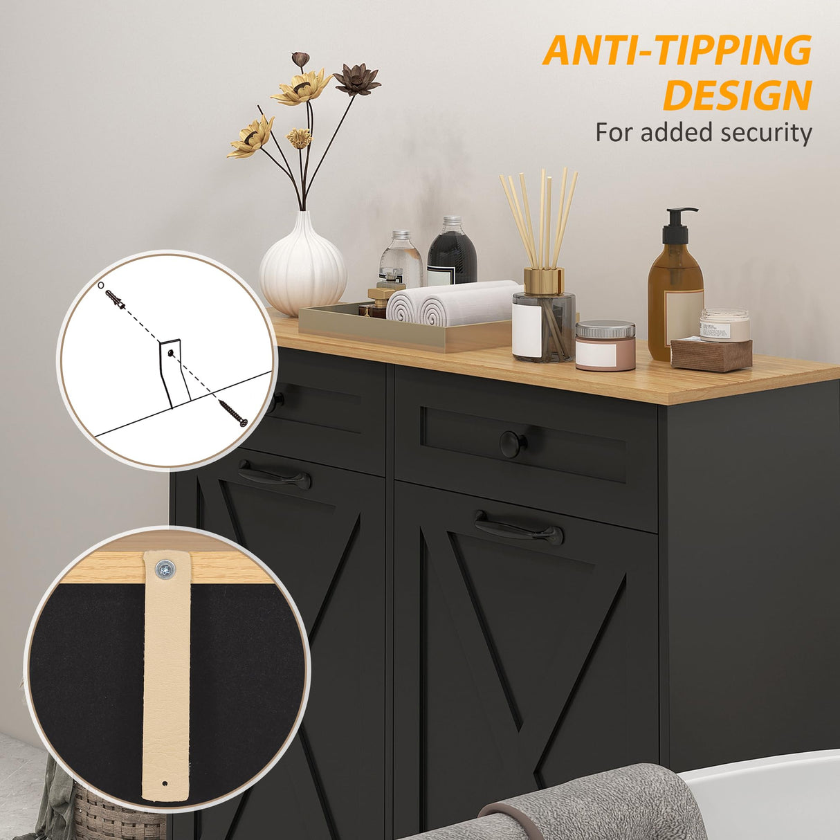 HOMCOM Tilt Out Laundry Hamper Cabinet with 2 Removable Baskets, Freestanding Bathroom Storage Cabinet with 2 Drawers, Trash Can Cabinet for Living Room, Laundry Room, Black HOMCOM