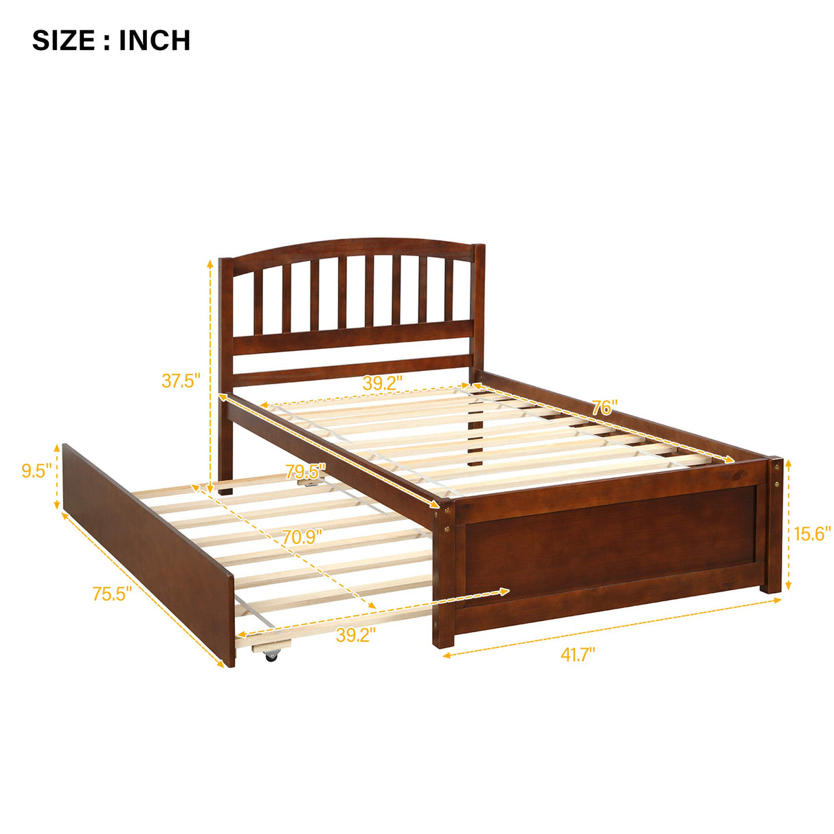 Ball & Cast Trundle Bed Twin,Twin Trundle Bed Frame Roll Out,Solid Wood Bed Frames with Headboard and Wooden Slats Support,for Bedroom,Guest Room,Apartment,Walnut Ball & Cast