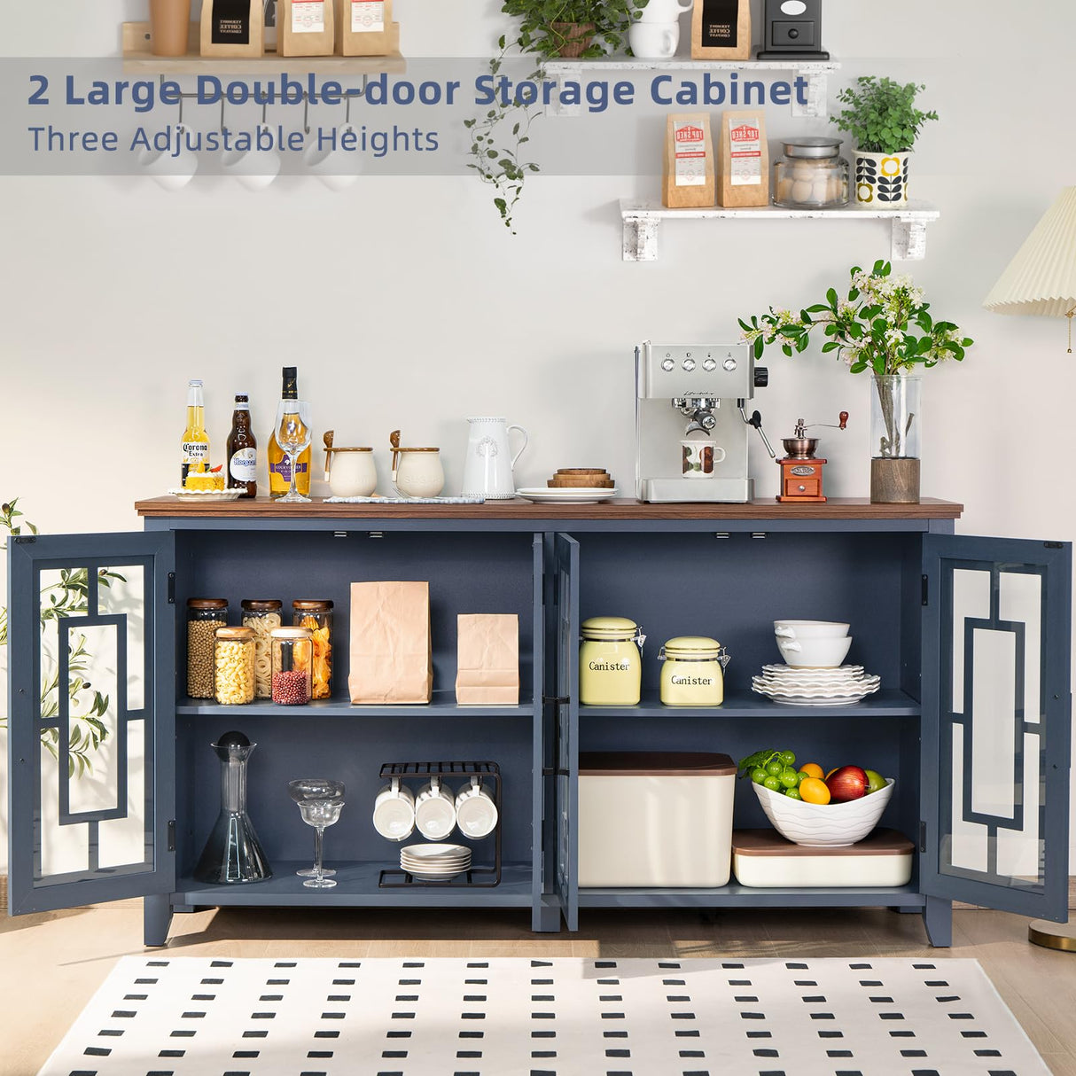 Joaxswe Large Sideboard Buffet Cabinet with Storage, 63" Farmhouse Navy Blue Kitchen Coffee Wine Bar Cabinet with 4 Glass Doors, Mid Century Modern Wood Side Board Table for Dining Room, Living Room Joaxswe