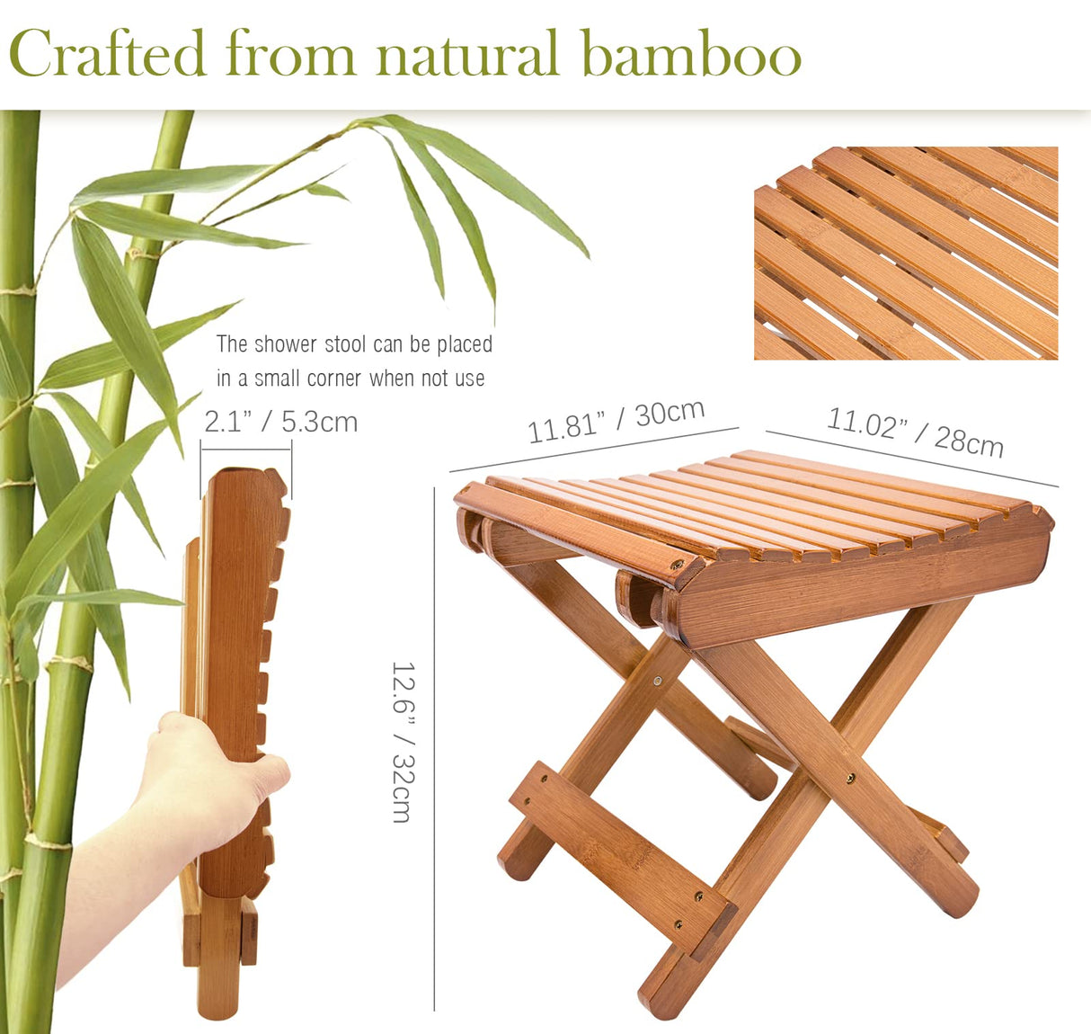 LOYPP Folding Bamboo Stool for Shower, Leg Shaving and Foot Rest, Natural Bamboo Folding Stool, Folding Bamboo Shower Seat, Fully Assembled, 12 Inch High LOYPP