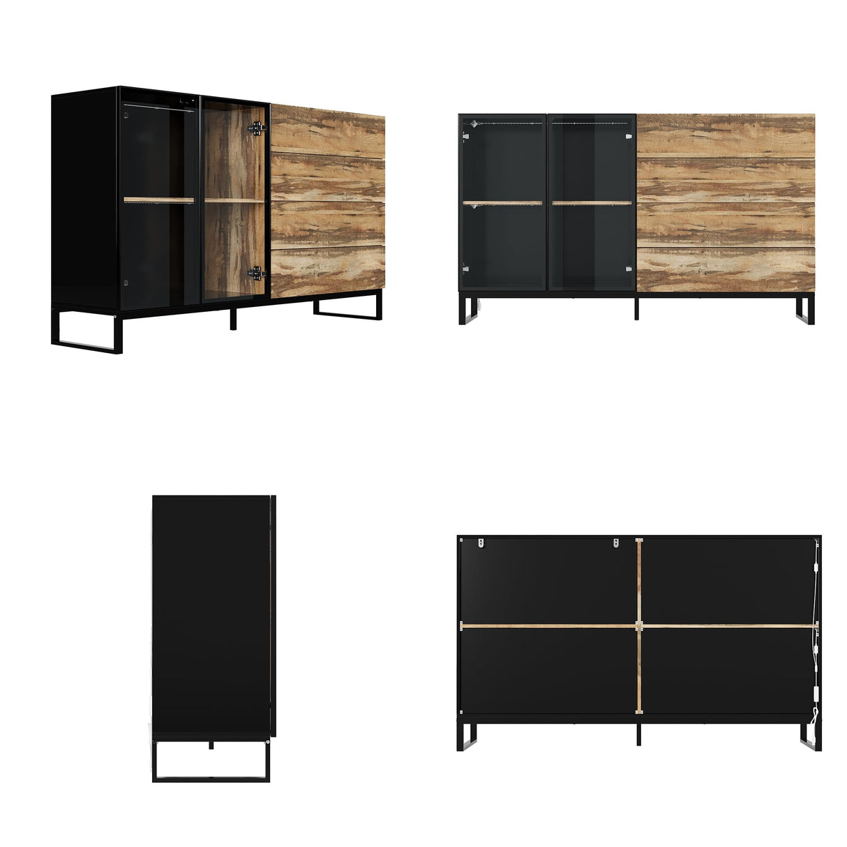 Hitow High Gloss Curio Display Cabinet for Collectibles, 63" W Lighted Bookshelf, Metal and Wood Bookshelf with Glass Doors & Drawers, Rustic Glass Display Case for Living Room, Black & Wood Grain Hitow