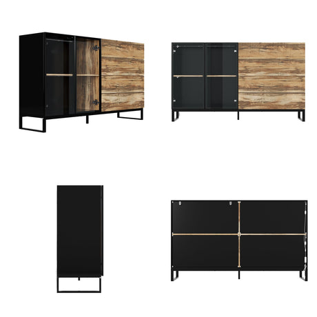 Hitow High Gloss Curio Display Cabinet for Collectibles, 63" W Lighted Bookshelf, Metal and Wood Bookshelf with Glass Doors & Drawers, Rustic Glass Display Case for Living Room, Black & Wood Grain Hitow
