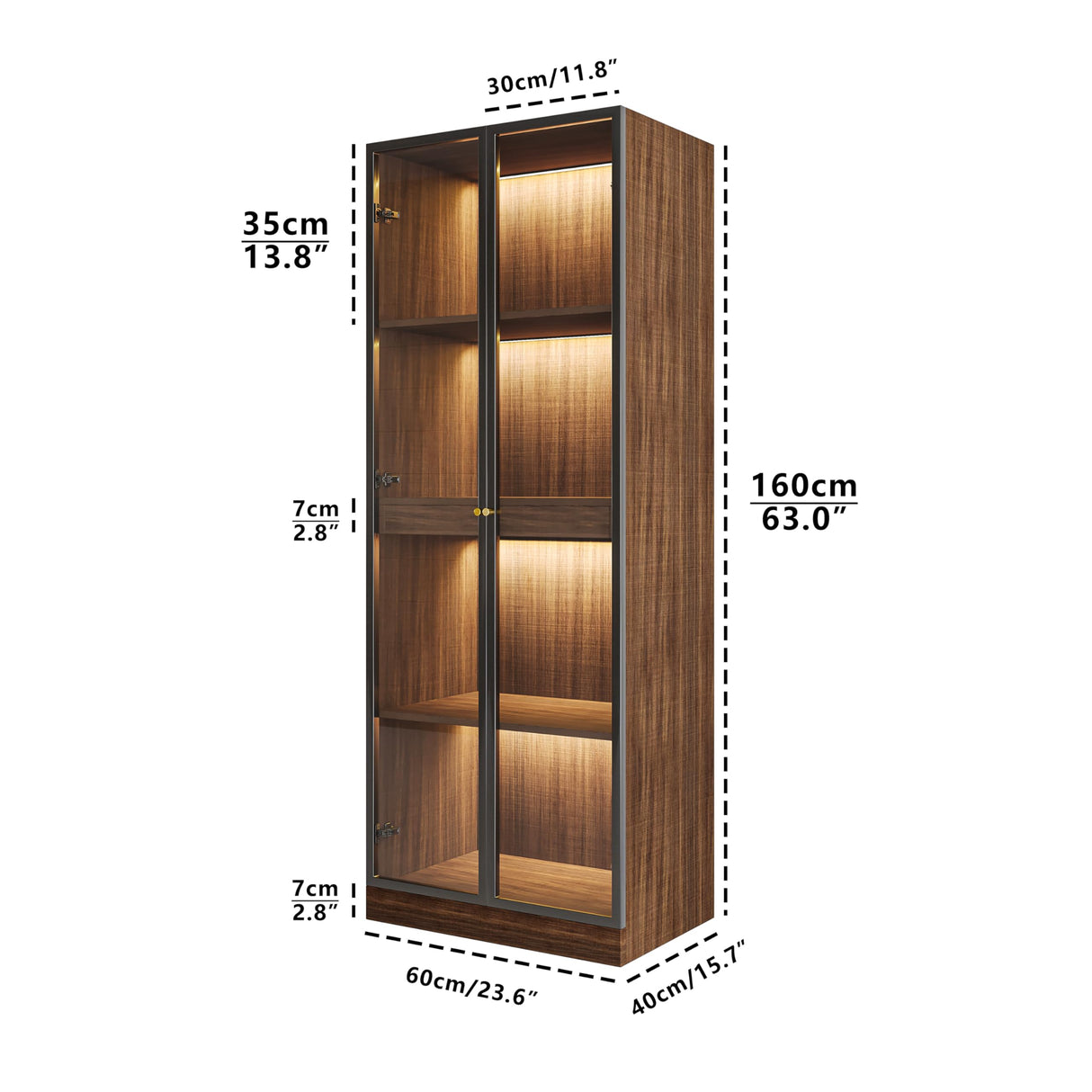 ATJafurn Glass Display Cabinet with LED Lights Tempered Glass Curio Cabinet with Pull-Out Shelf for China Liquor Collectibles 23.6'' W (Walnut) ATJafurn