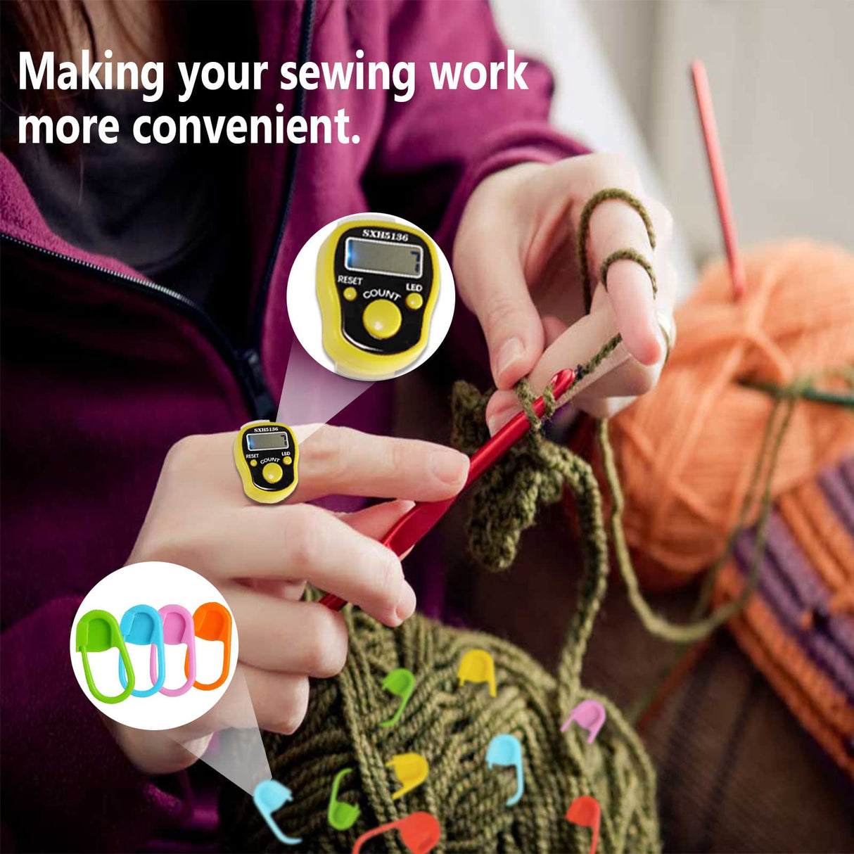 Stitch Counters 2 Pcs LED Digital Row Counter and Stitch Markers 50 Pcs Crochet Stitch Markers for Knitting Sewing Stitching Weaving, Muslim Pray, Recording Sports Scoring, Lap Counting by ILouxNei ILouxNei