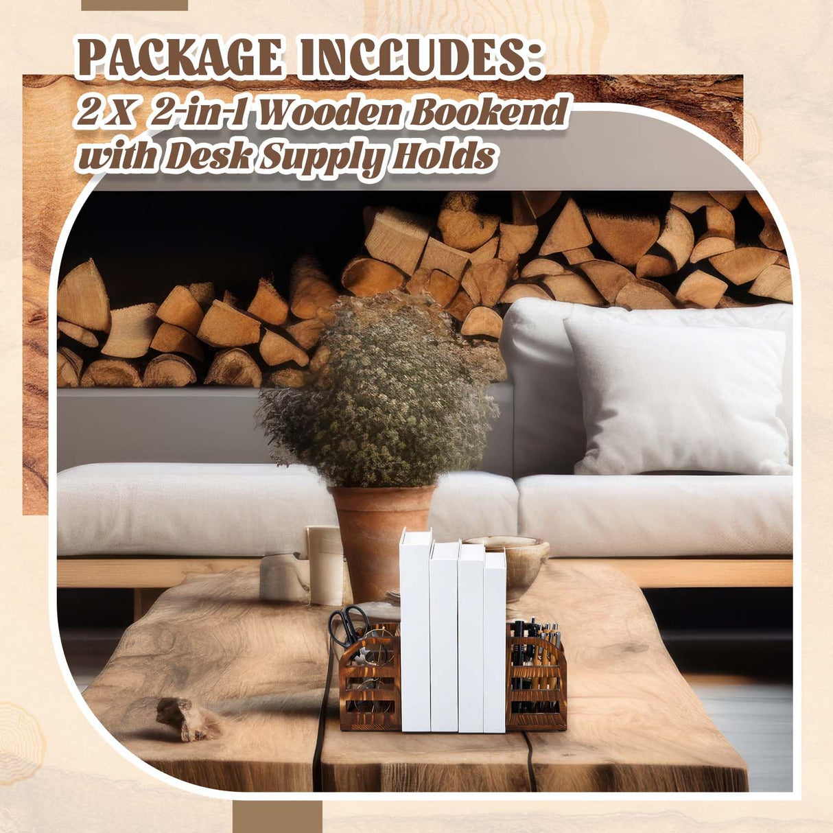 1 Pair 2 in 1 Rustic Burnt Wooden Bookend with Coated Metal Desk Supply Holds Non Skid Desktop Book Ends Pen Holder Pencil Cup Stationery Storage Bins Book Stopper for Home Office Dorm Room Memorywuu