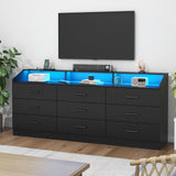 9 Drawers Dresser, Dresser for Bedroom with Power Outlet, Modern Chest of Drawers with LED Light, Storage Dressers with Open Storage Cubby, Dressers Organizer for Closet, Entryway, Living Room, Black Auromie