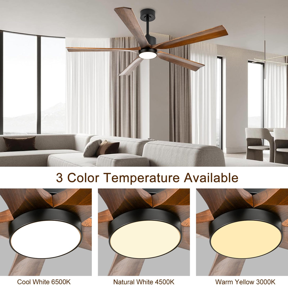 heimo 60 Inch Ceiling Fans with Lights and Remote, Wood Indoor Outdoor Ceiling Fan with Light for Patios Living Room Bedroom 5 Blades DC Motor Mid Century Modern Wooden Fan (Walnut) heimo