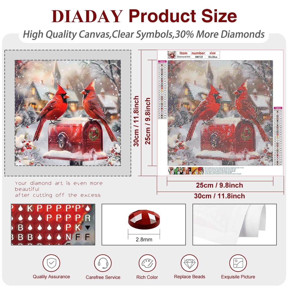 DIADAY 5D Diamond Art Kits for Adults, Winter Christmas Cardinals Diamond Painting Kit, Full Round Drill Bird Diamond Art, DIY Crafts Home Wall Christmas Decor Gift 12 x 12 Inches DIADAY