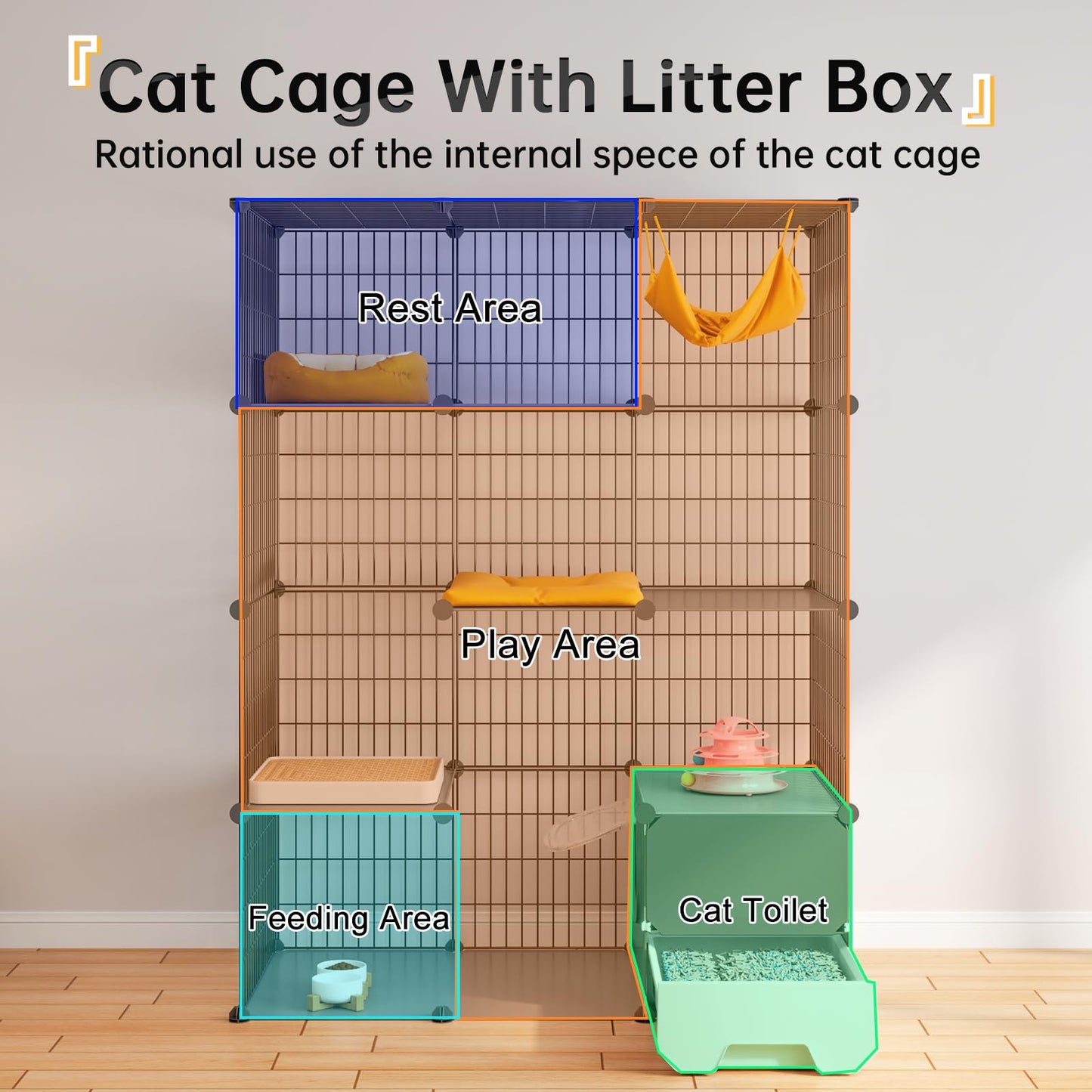 Oneluck Cat Cage with Litter Box,4-Tier DIY Cat Enclosures Large Playpen Detachable Metal Wire Kennel Indoor Crate Large Exercise Place Ideal for 1-2 Cat,41.3" L x 17.8" W x 55.1" H