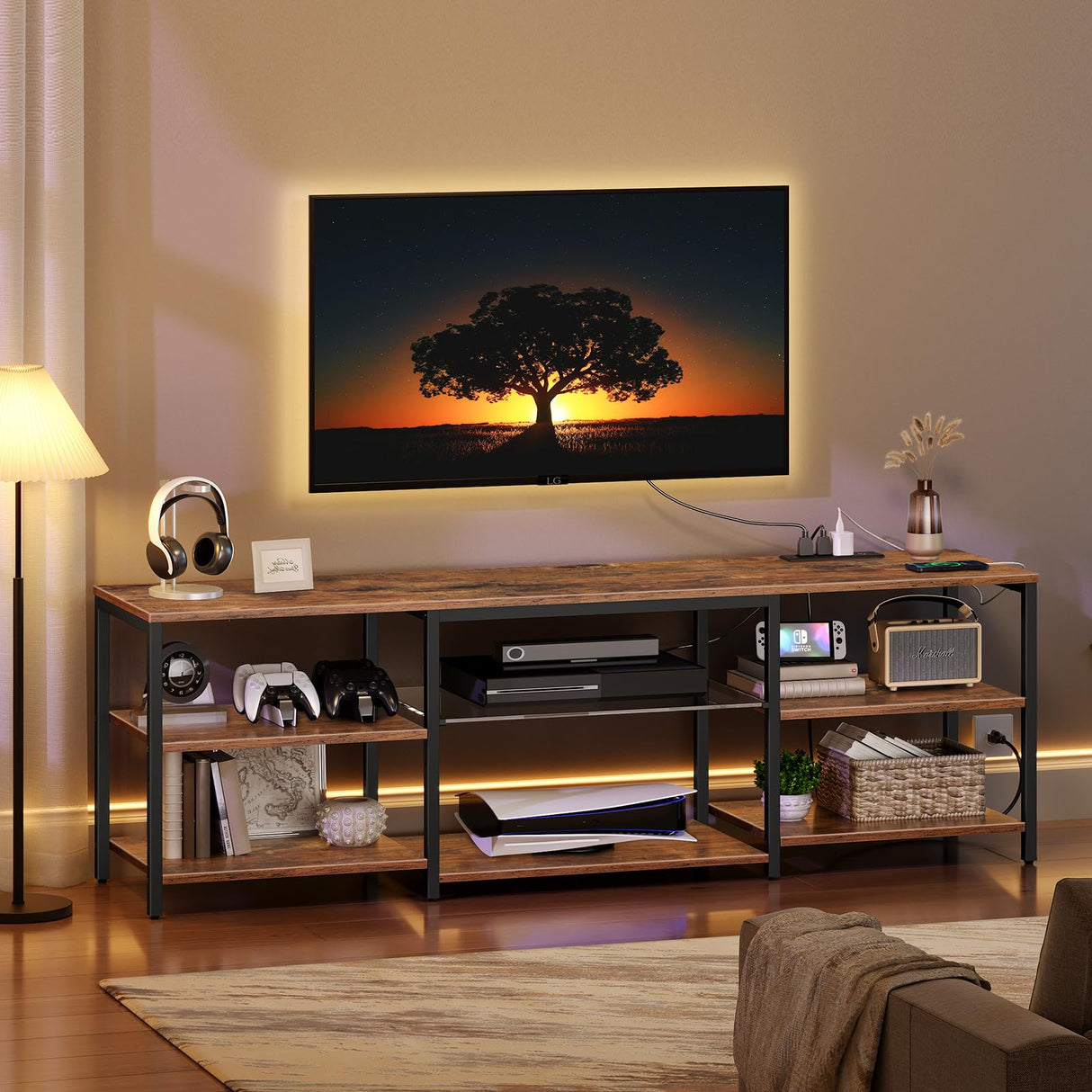 HOOBRO LED TV Stand for 75 Inch TVs with Charging Station, Gaming Entertainment Center with Open Storage, Media TV Console Table, TV Stand for Living Room, Bedroom, Rustic Brown and Black BF21UDDS01 HOOBRO