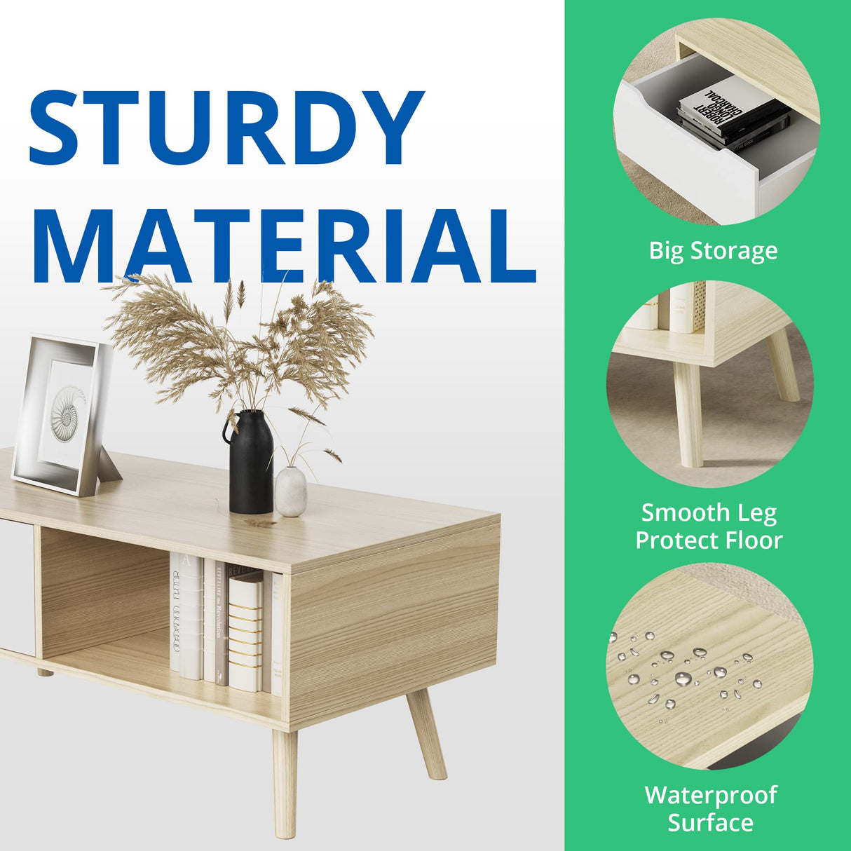 Cozy Castle Modern Wooden Coffee Table with Storage, Minimalist Hallway Mid Century Cocktail Table for Living Room Apartment Reception, Oak Cozy Castle