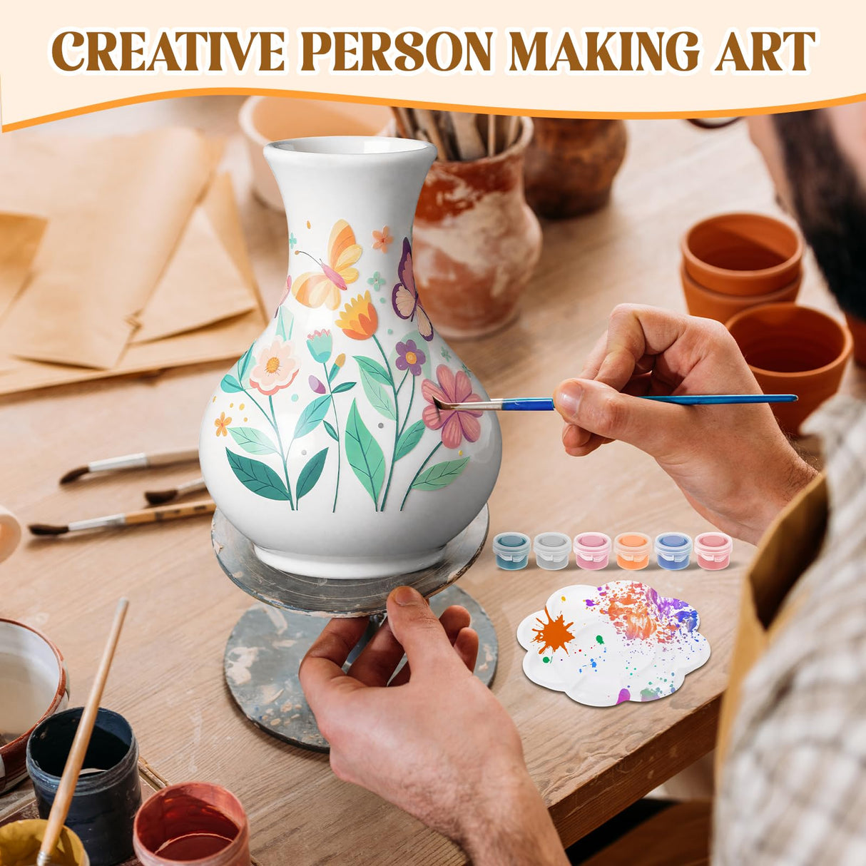 Fuyoooo 6 Sets Paint Your Own Vases Unpainted White Vases Ceramic Painting Kit for Adults with Paint Brushes, Underglaze Paints and Palettes for Birthday Party Activity Gift Art Supplies DIY Craft Fuyoooo